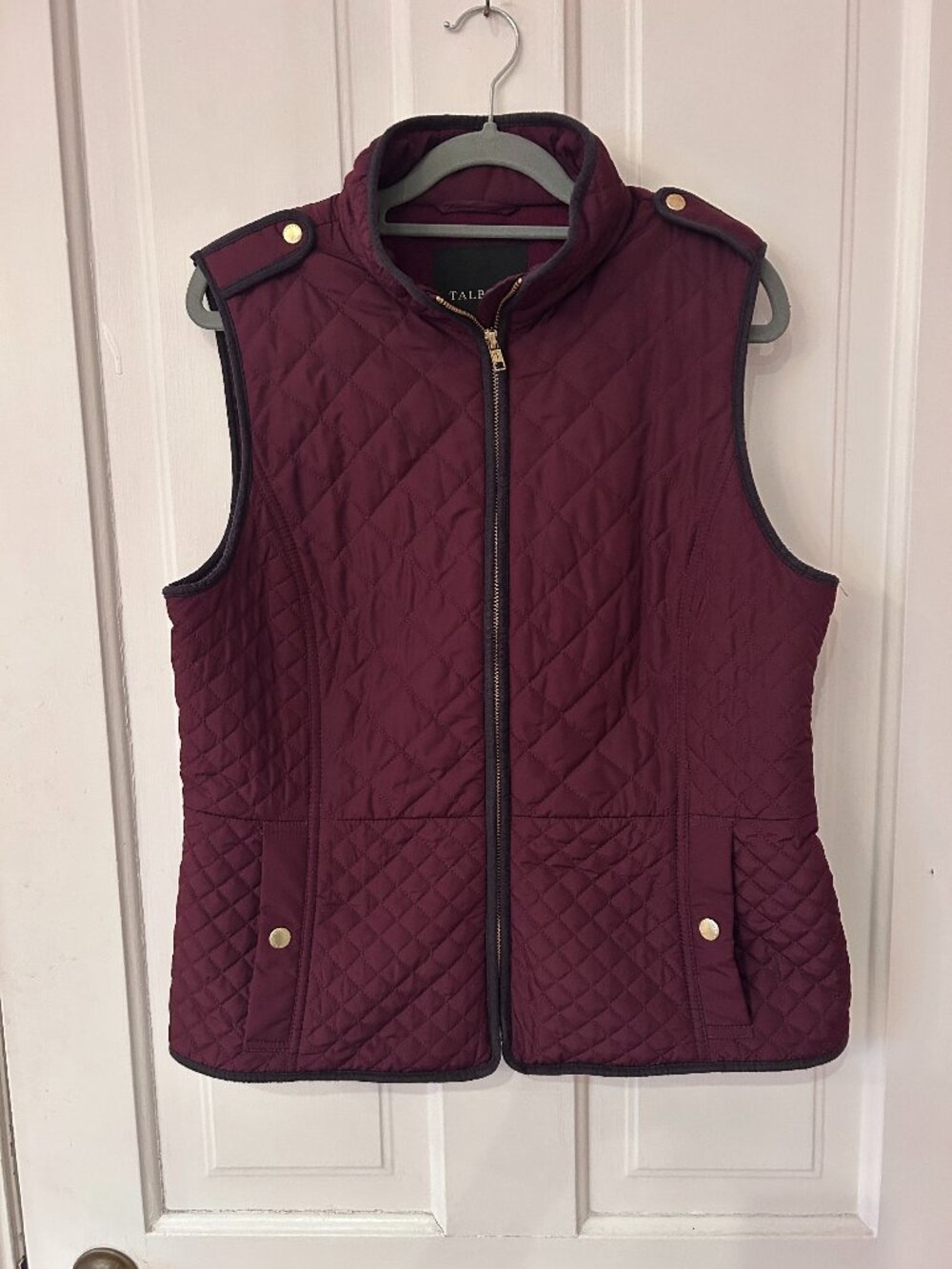 Talbots Burgundy Quilted Vest Fleece Lined Faux Leather Trim Equestrian Size M